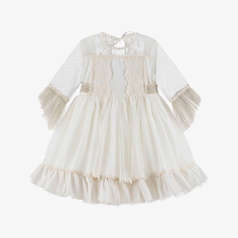 Abuela Tata-Girls Ivory & Beige Embroidered Tulle & Lace Dress | Childrensalon Outlet