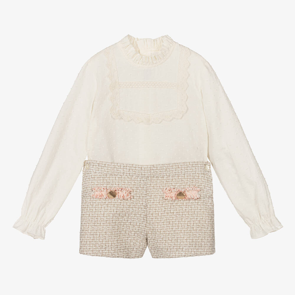 Abuela Tata - Girls Ivory & Beige Tweed Shorts Set | Childrensalon