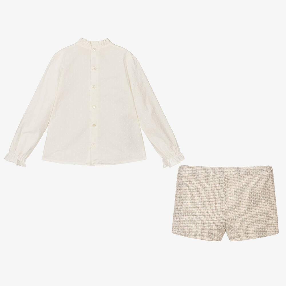 Abuela Tata-Girls Ivory & Beige Tweed Shorts Set | Childrensalon Outlet
