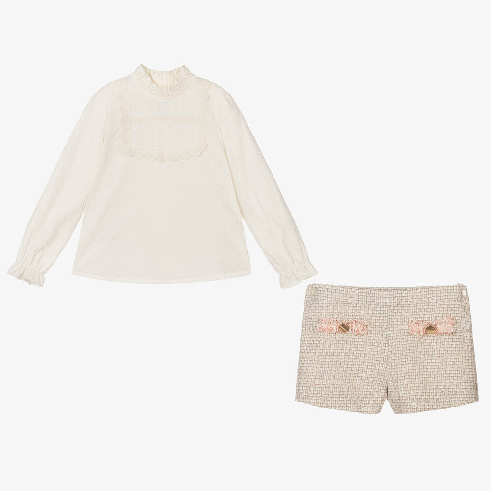Abuela Tata-Girls Ivory & Beige Tweed Shorts Set | Childrensalon Outlet