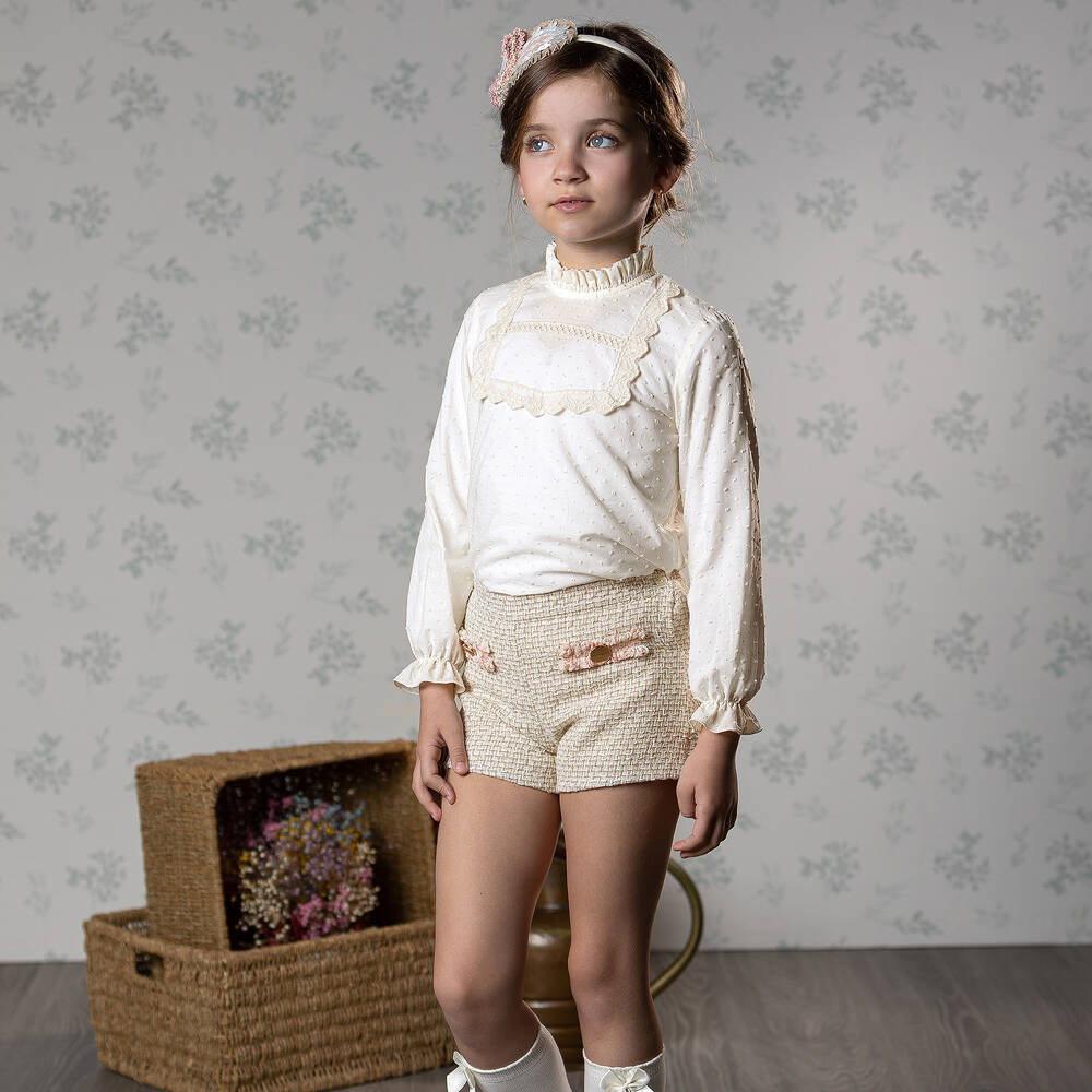 Abuela Tata-Girls Ivory & Beige Tweed Shorts Set | Childrensalon Outlet