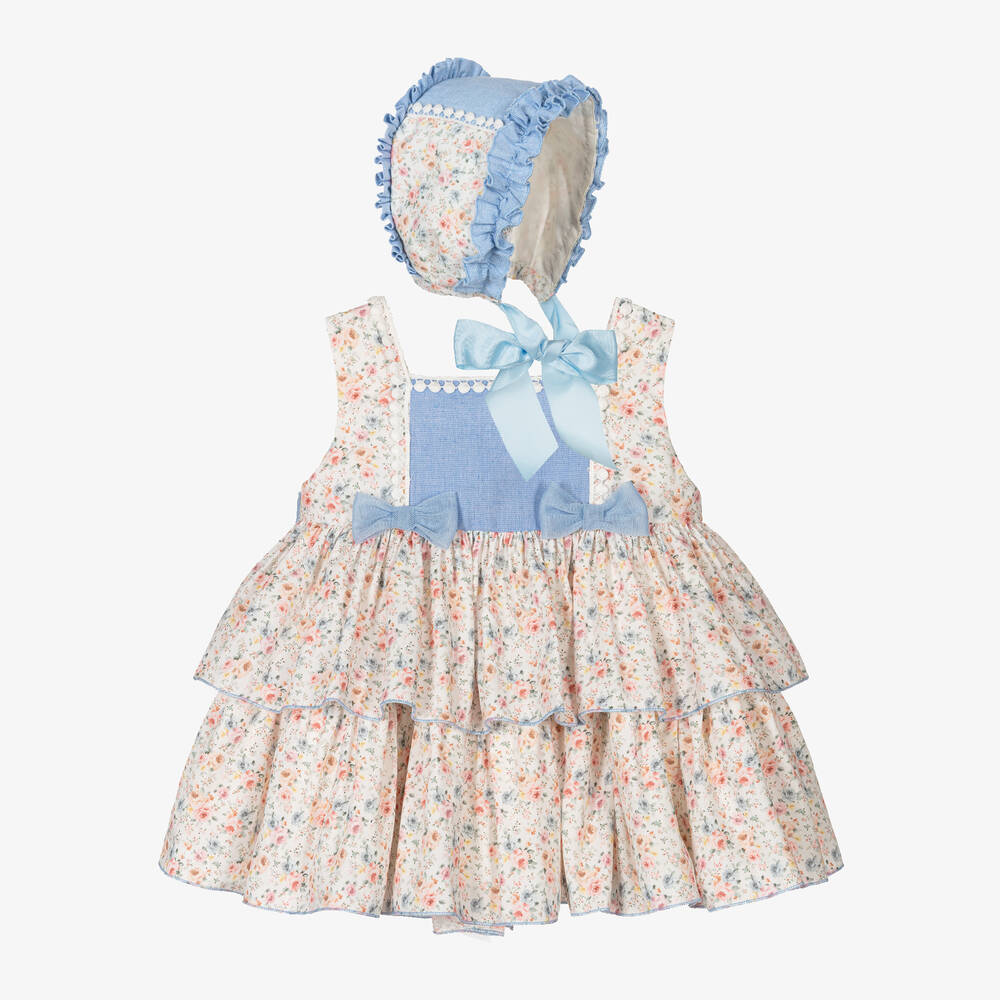 Abuela Tata-طقم فستان قطن وكتان لون عاجي وأزرق بطبعة ورود | Childrensalon Outlet