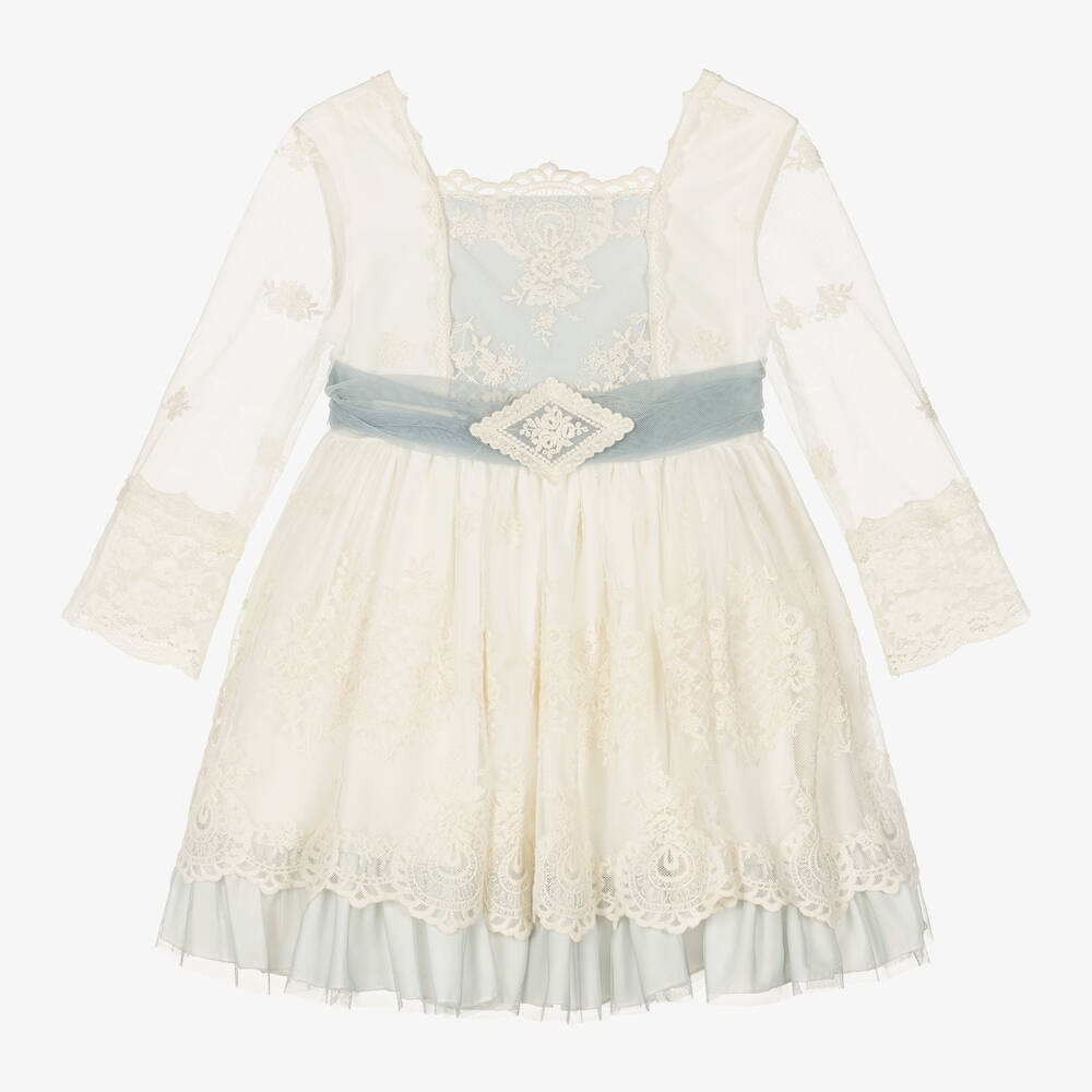 Abuela Tata - Girls Ivory & Blue Tulle Dress  | Childrensalon