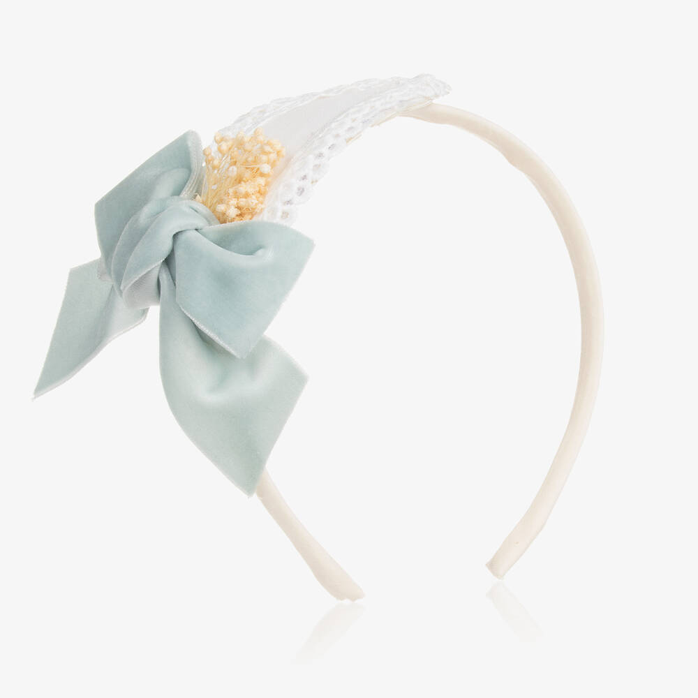 Abuela Tata-Girls Ivory & Blue Velvet Bow Hairband | Childrensalon Outlet