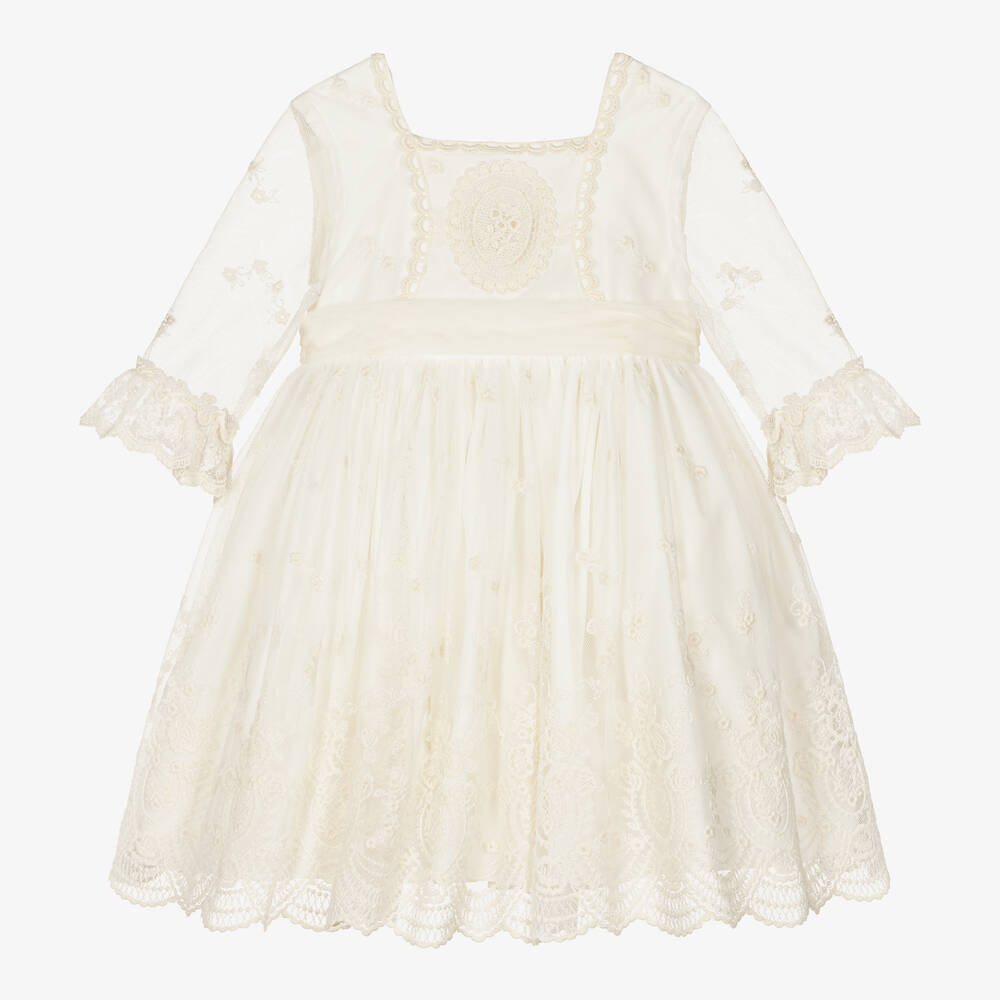 Abuela Tata - Girls Ivory Embroidered Tulle Dress  | Childrensalon