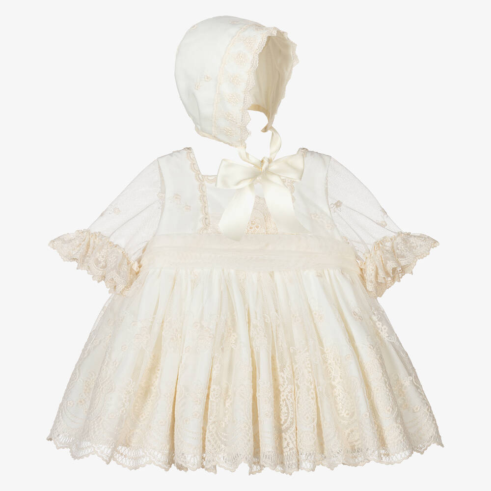 Abuela Tata - Кремовое платье и чепчик из тюля с вышивкой  | Childrensalon