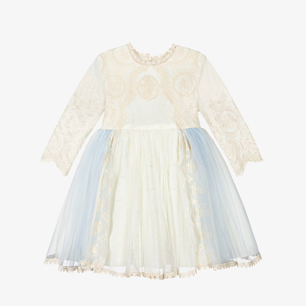 Abuela Tata-Girls Ivory Embroidered Tulle Dress with A Hint of Blue | Childrensalon Outlet
