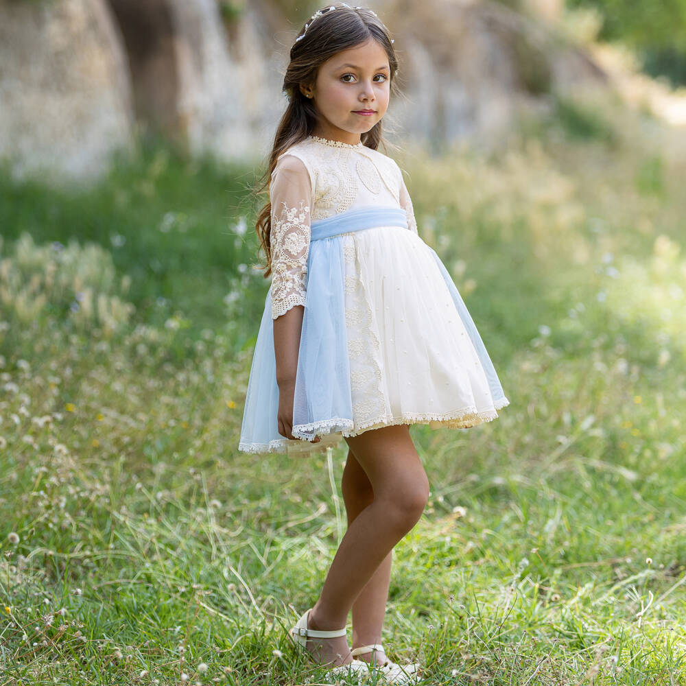 Abuela Tata-Girls Ivory Embroidered Tulle Dress with A Hint of Blue | Childrensalon Outlet