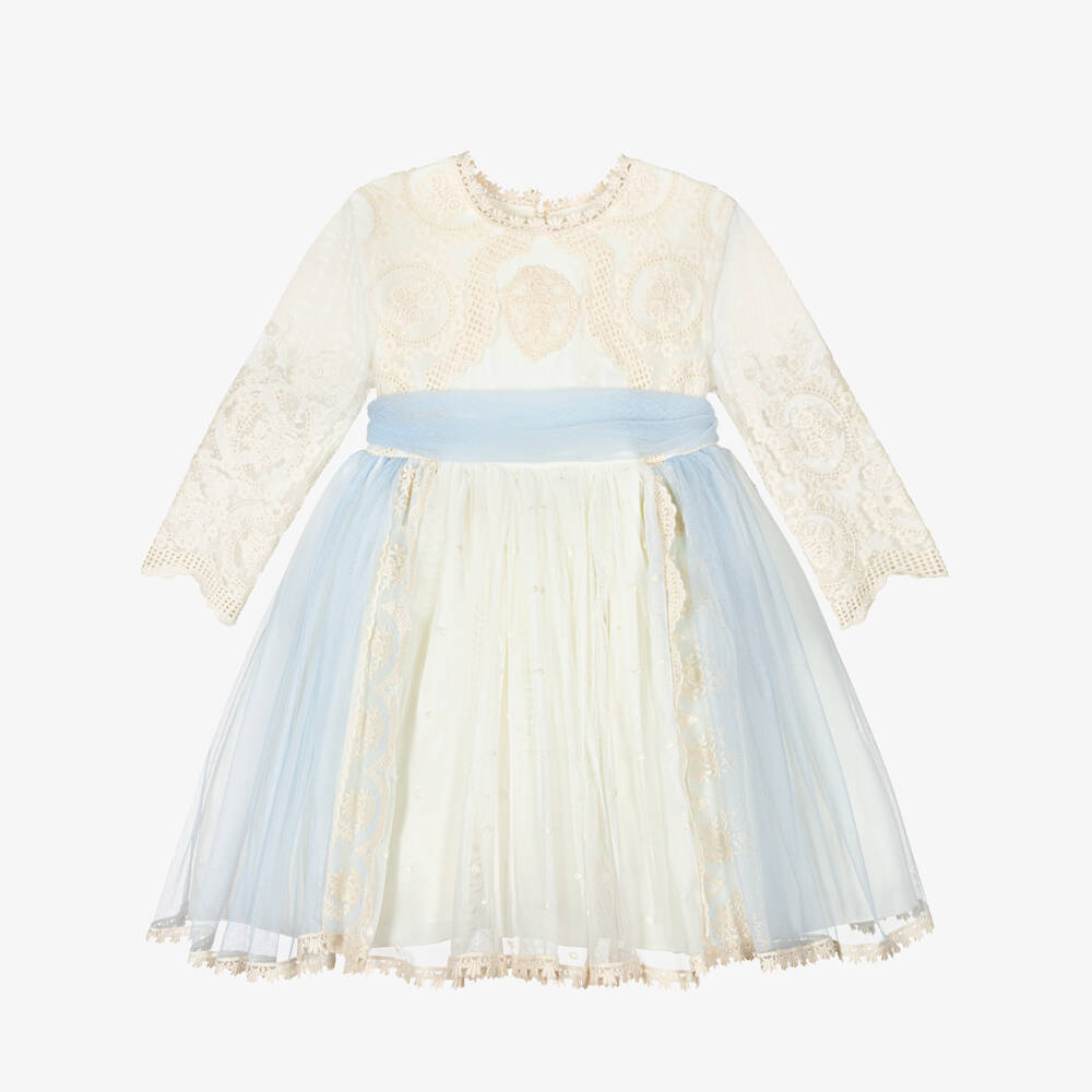 Abuela Tata-Girls Ivory Embroidered Tulle Dress with A Hint of Blue | Childrensalon Outlet