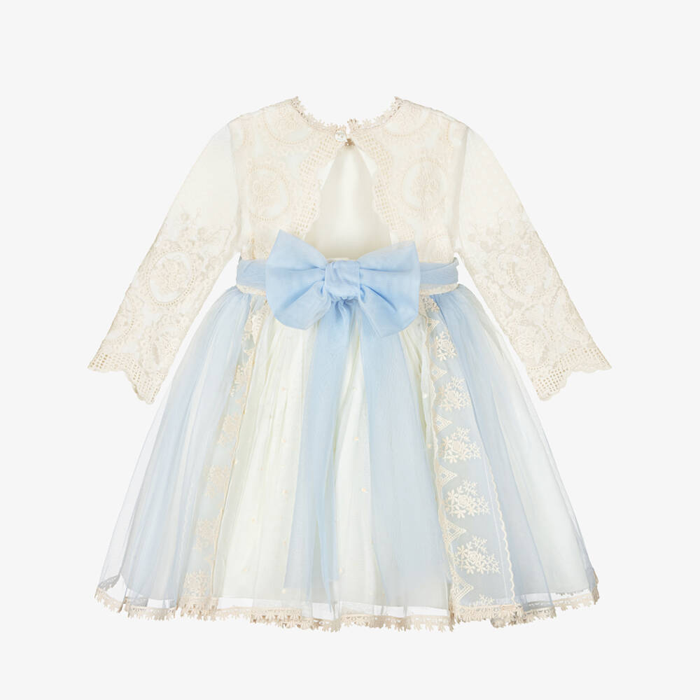 Abuela Tata-Girls Ivory Embroidered Tulle Dress with A Hint of Blue | Childrensalon Outlet