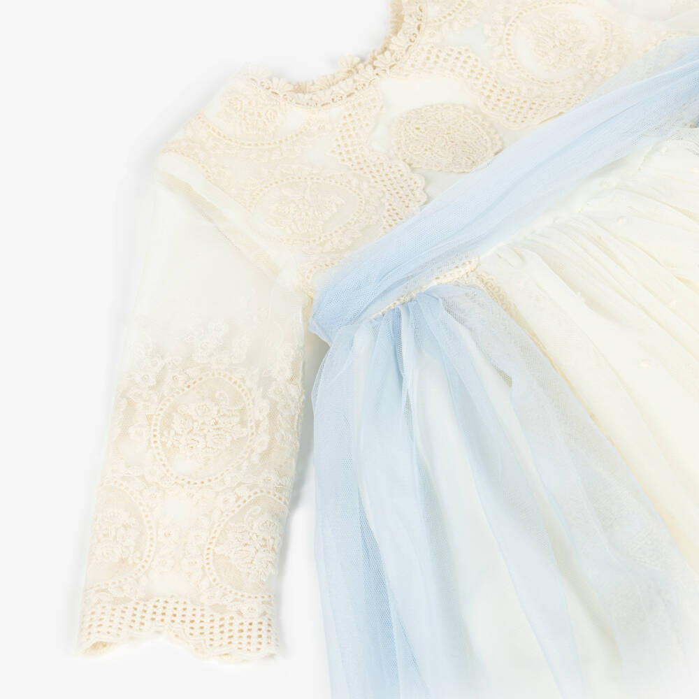 Abuela Tata-Girls Ivory Embroidered Tulle Dress with A Hint of Blue | Childrensalon Outlet