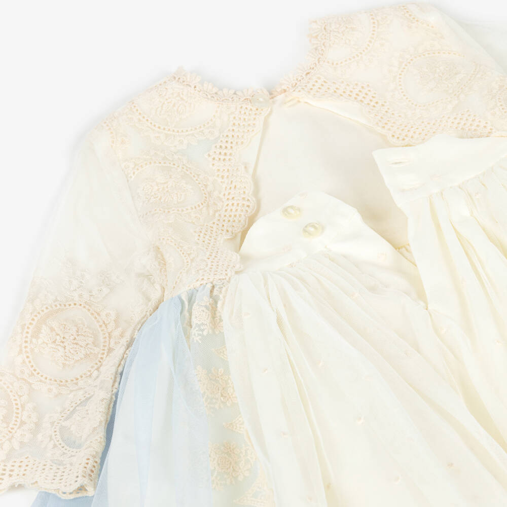 Abuela Tata-Girls Ivory Embroidered Tulle Dress with A Hint of Blue | Childrensalon Outlet
