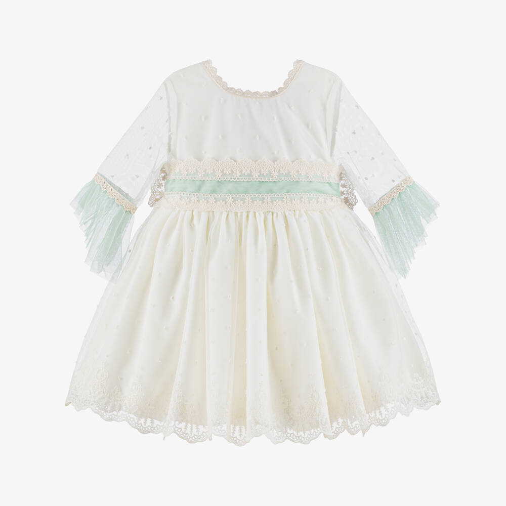 Abuela Tata-Girls Ivory Embroidered Tulle Dress with Pastel Green Trims | Childrensalon Outlet