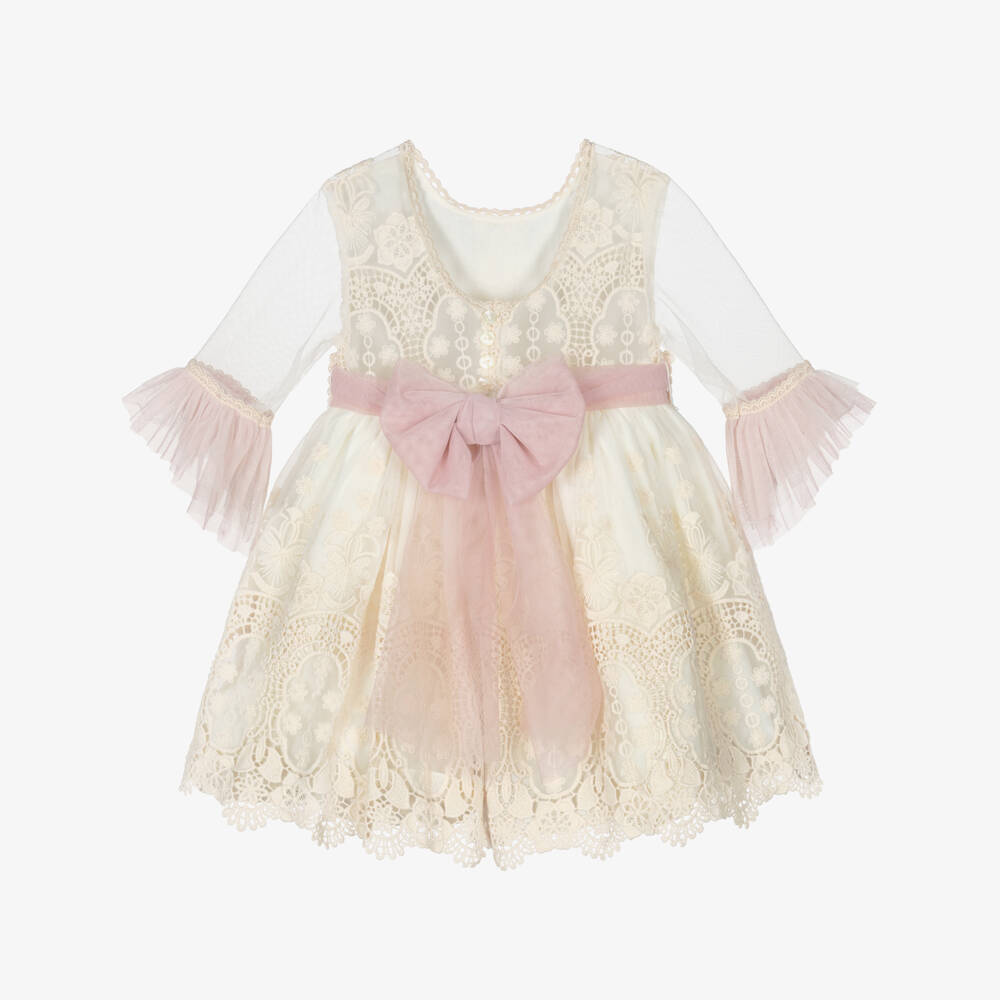 Abuela Tata-Girls Ivory Embroidered Tulle Dress with Pink Accents | Childrensalon Outlet