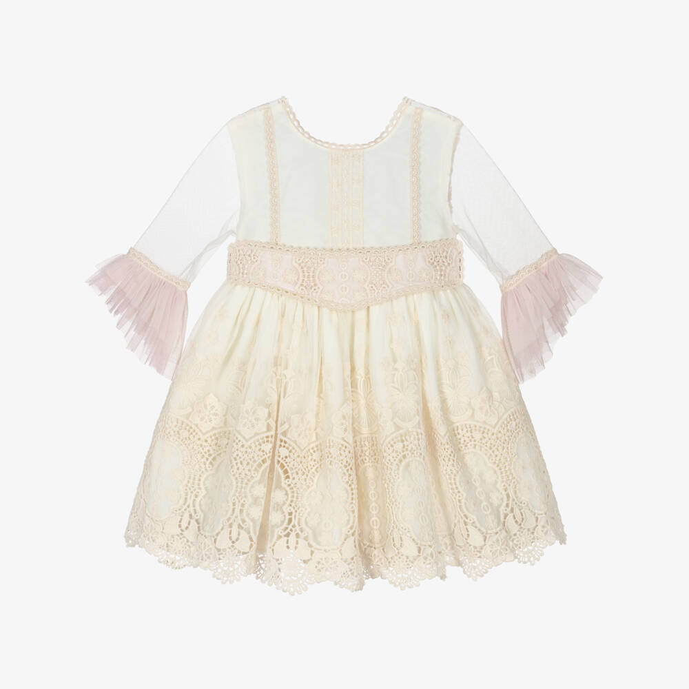 Abuela Tata-Girls Ivory Embroidered Tulle Dress with Pink Accents | Childrensalon Outlet