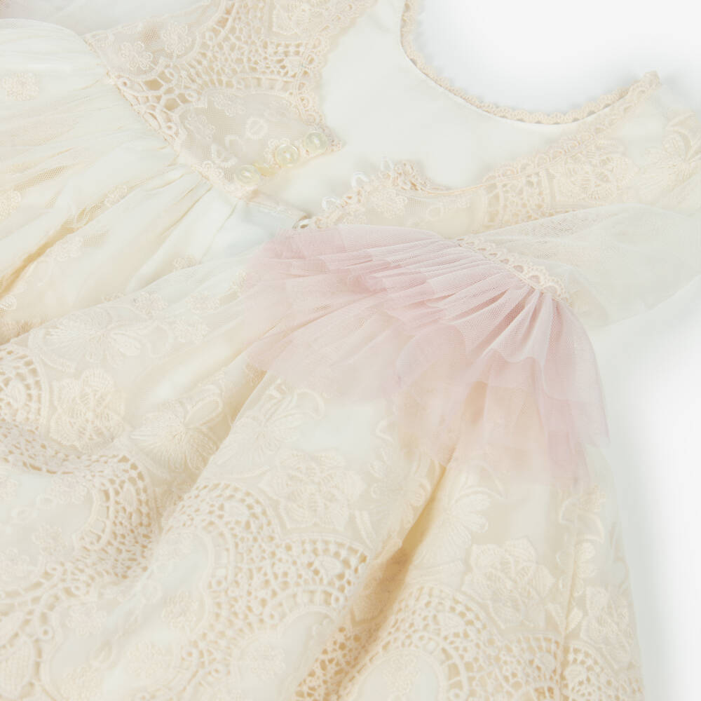 Abuela Tata-Girls Ivory Embroidered Tulle Dress with Pink Accents | Childrensalon Outlet