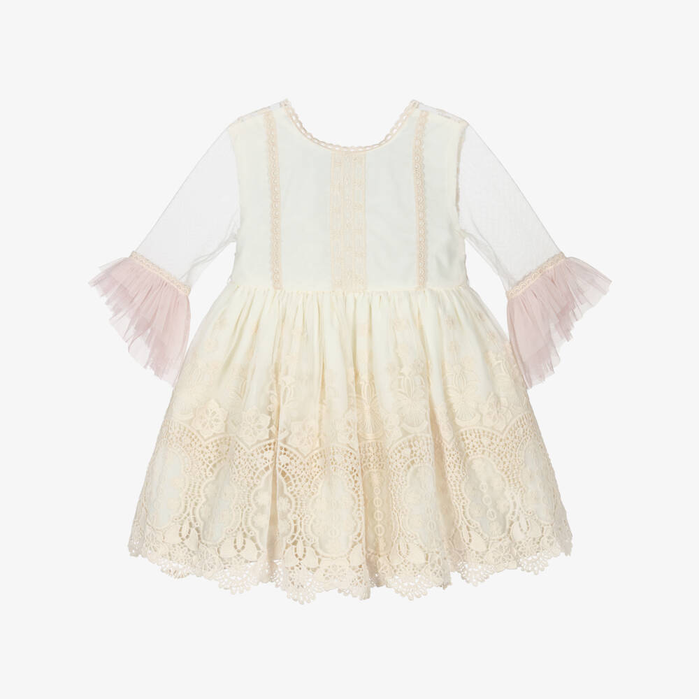 Abuela Tata-Girls Ivory Embroidered Tulle Dress with Pink Accents | Childrensalon Outlet
