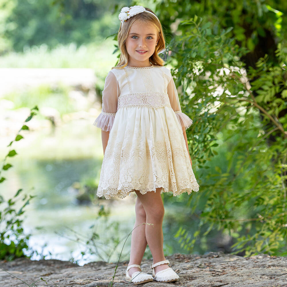 Abuela Tata-Girls Ivory Embroidered Tulle Dress with Pink Accents | Childrensalon Outlet