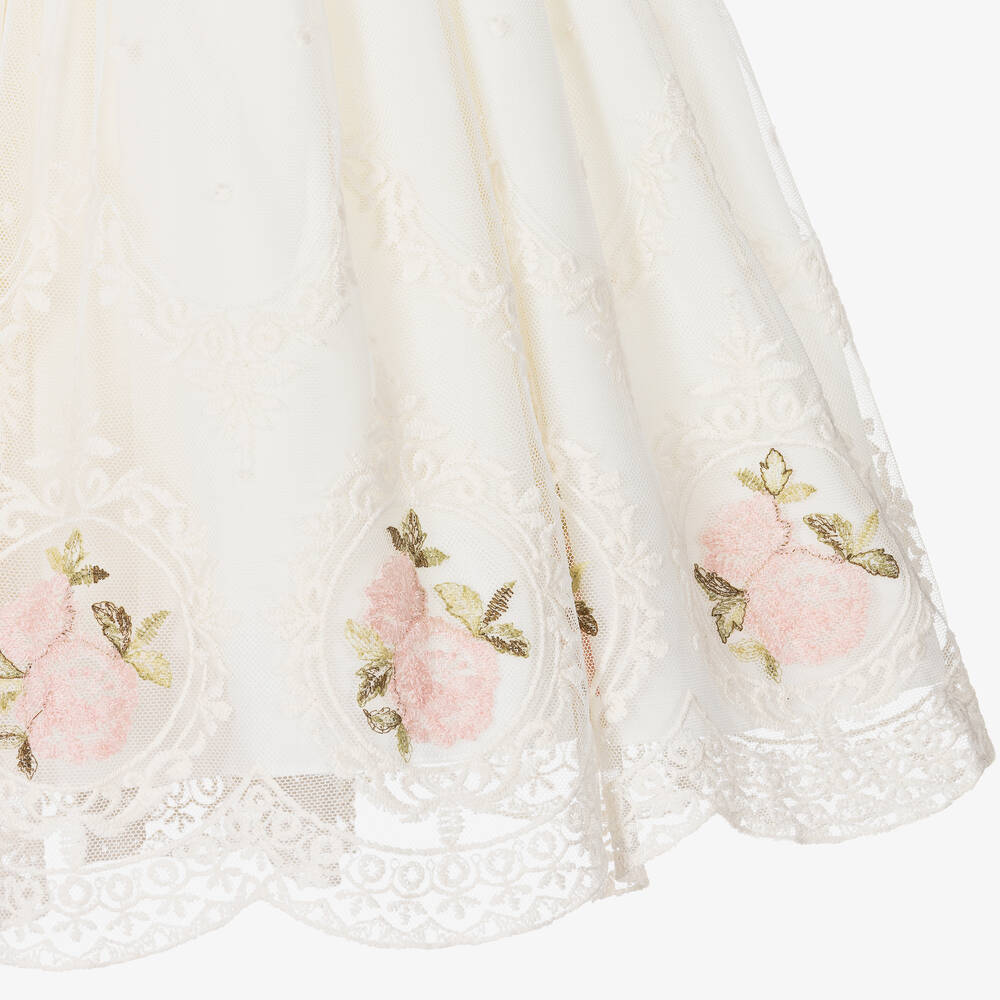 Abuela Tata-Girls Ivory Embroidered Tulle Roses Dress  | Childrensalon Outlet