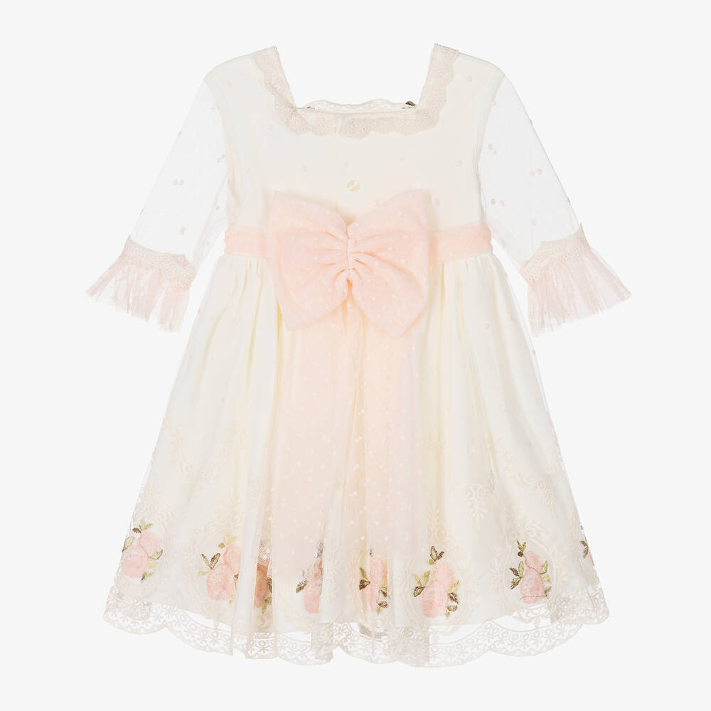 Abuela Tata-Girls Ivory Embroidered Tulle Roses Dress  | Childrensalon Outlet