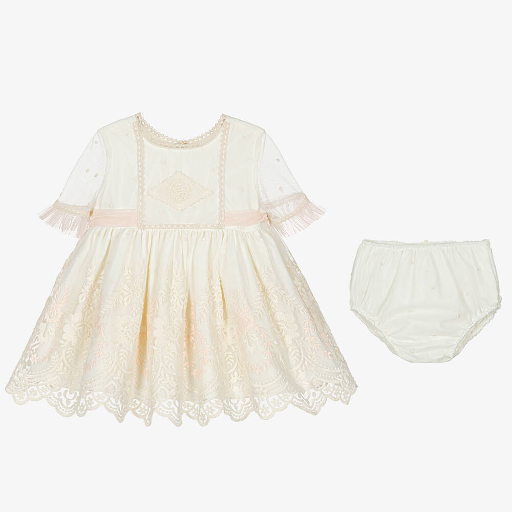 Abuela Tata-Кремовый комплект с платьем с вышитыми цветами для девочек | Childrensalon Outlet