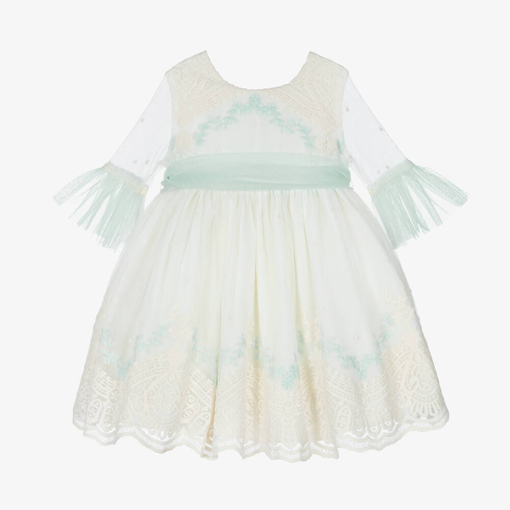 Abuela Tata-Girls Ivory & Green Embroidered Tulle Dress | Childrensalon Outlet