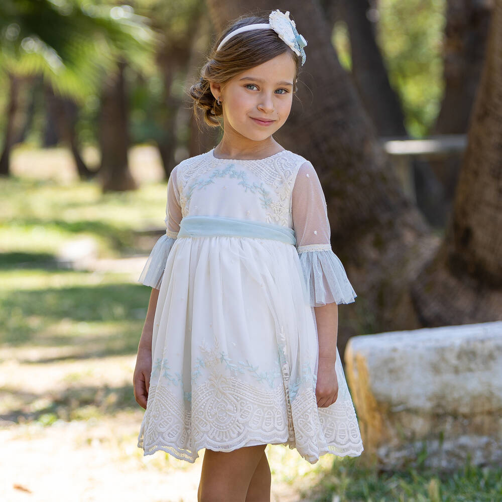 Abuela Tata-Girls Ivory & Green Embroidered Tulle Dress | Childrensalon Outlet