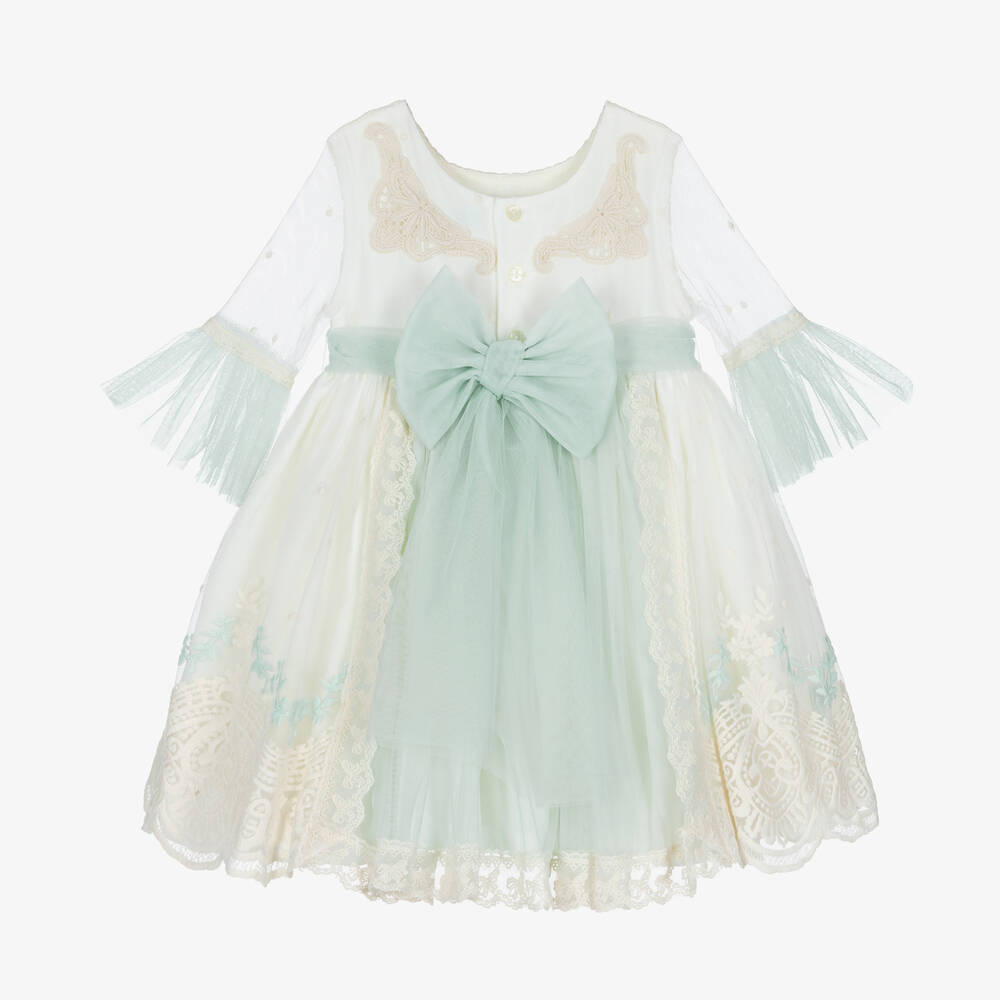 Abuela Tata-Girls Ivory & Green Embroidered Tulle Dress | Childrensalon Outlet