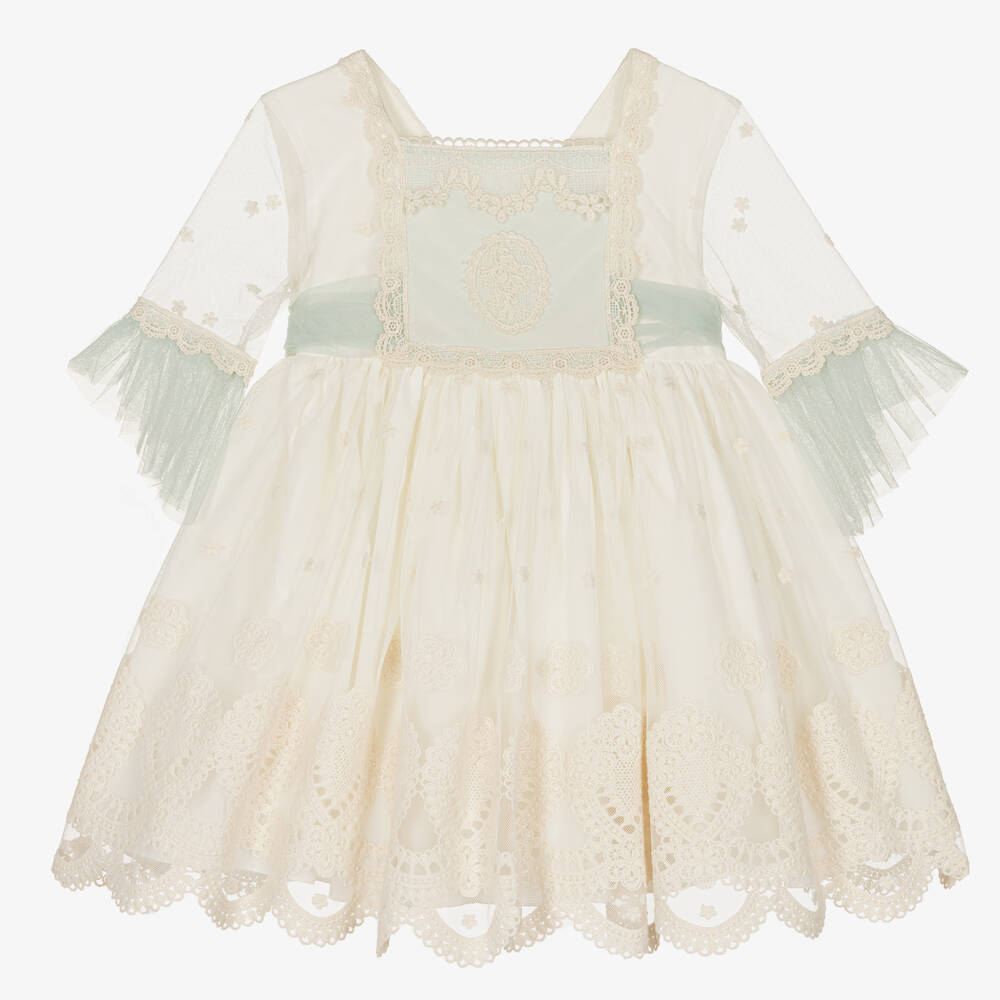 Abuela Tata - Robe ivoire et verte en tulle fille  | Childrensalon