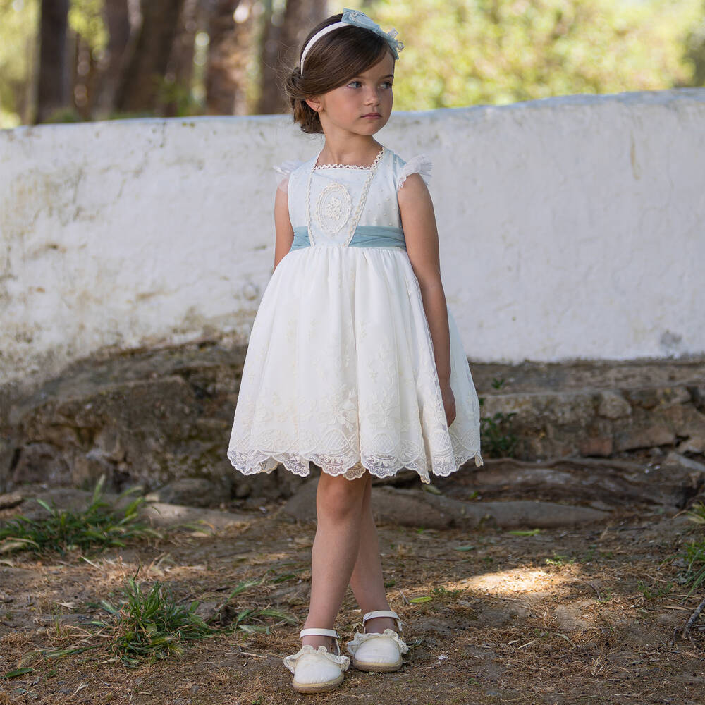 Abuela Tata-Girls Ivory & Green Tulle & Lace Dress | Childrensalon Outlet