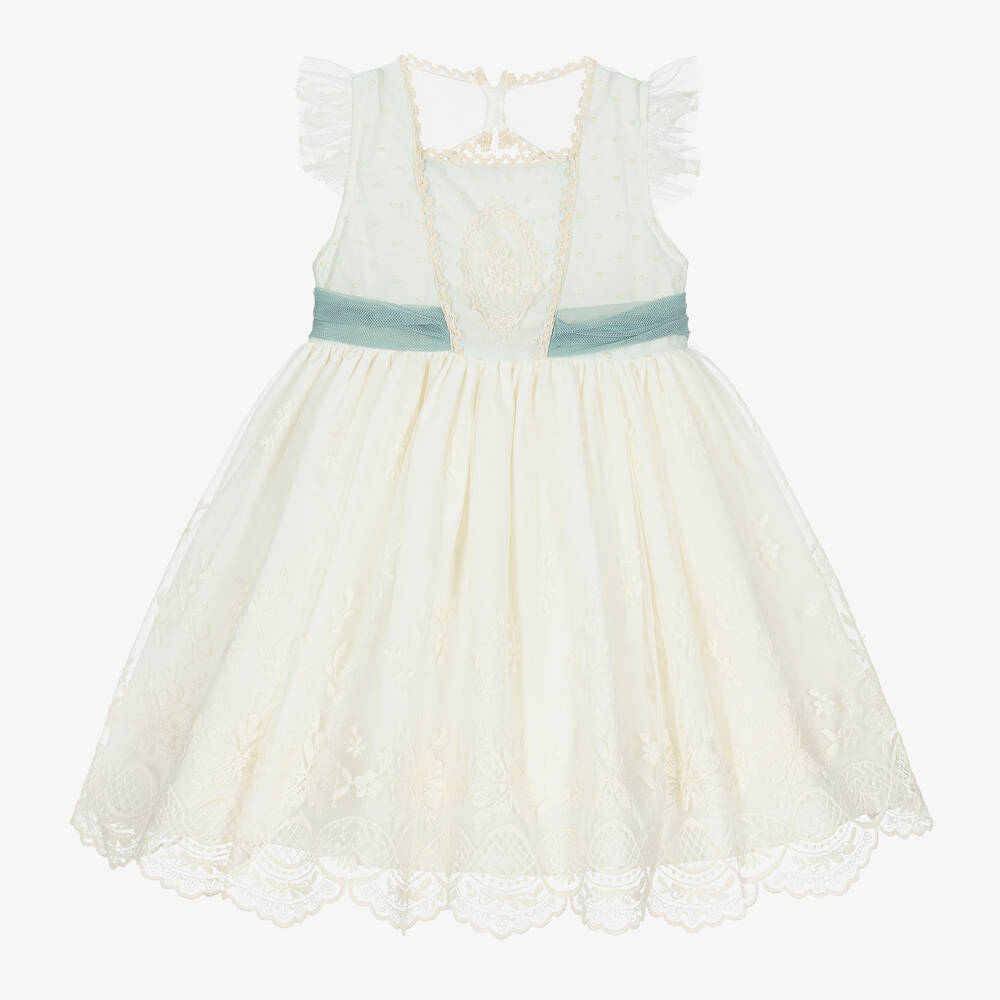 Abuela Tata-Girls Ivory & Green Tulle & Lace Dress | Childrensalon Outlet