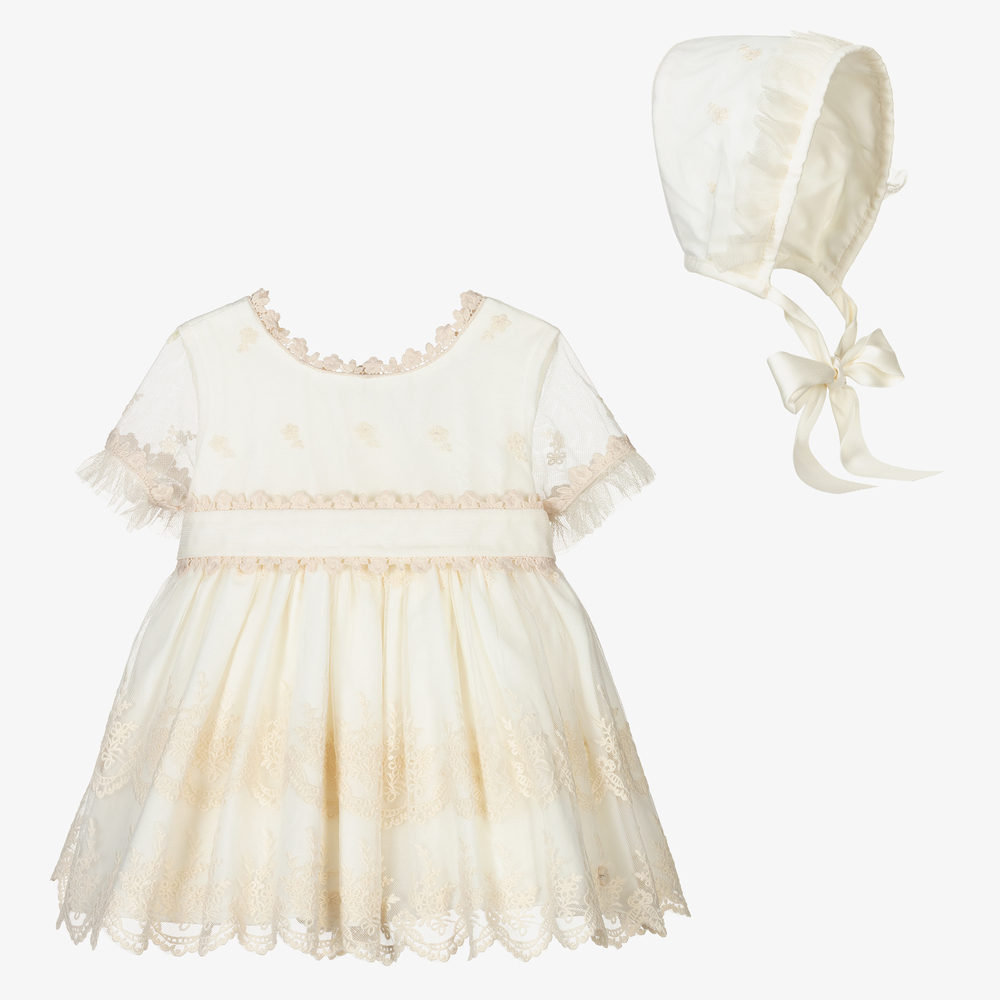Abuela Tata - Кремовое кружевное платье и чепец для девочек  | Childrensalon