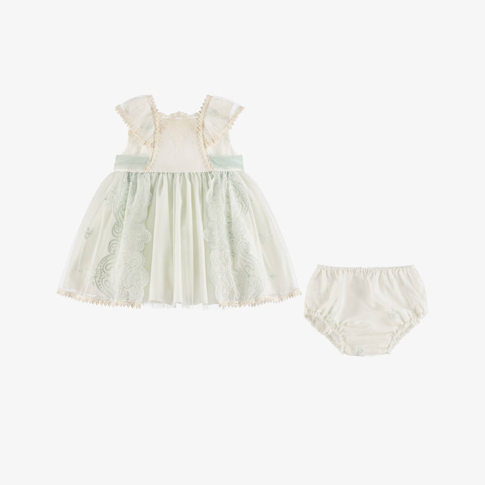 Abuela Tata-Girls Ivory & Mint Green Embroidered Tulle Dress Set | Childrensalon Outlet