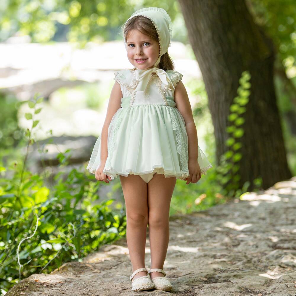 Abuela Tata-Girls Ivory & Mint Green Embroidered Tulle Dress Set | Childrensalon Outlet