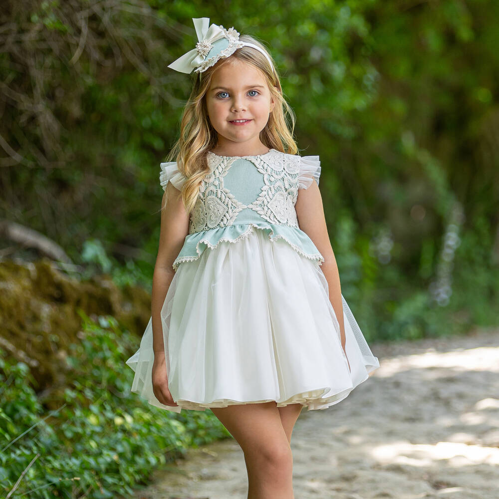 Abuela Tata-Girls Ivory & Mint Green Lace Dress | Childrensalon Outlet