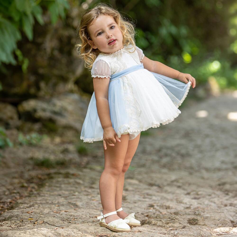 Abuela Tata-Girls Ivory & Pale Blue Tulle Dress Set | Childrensalon Outlet