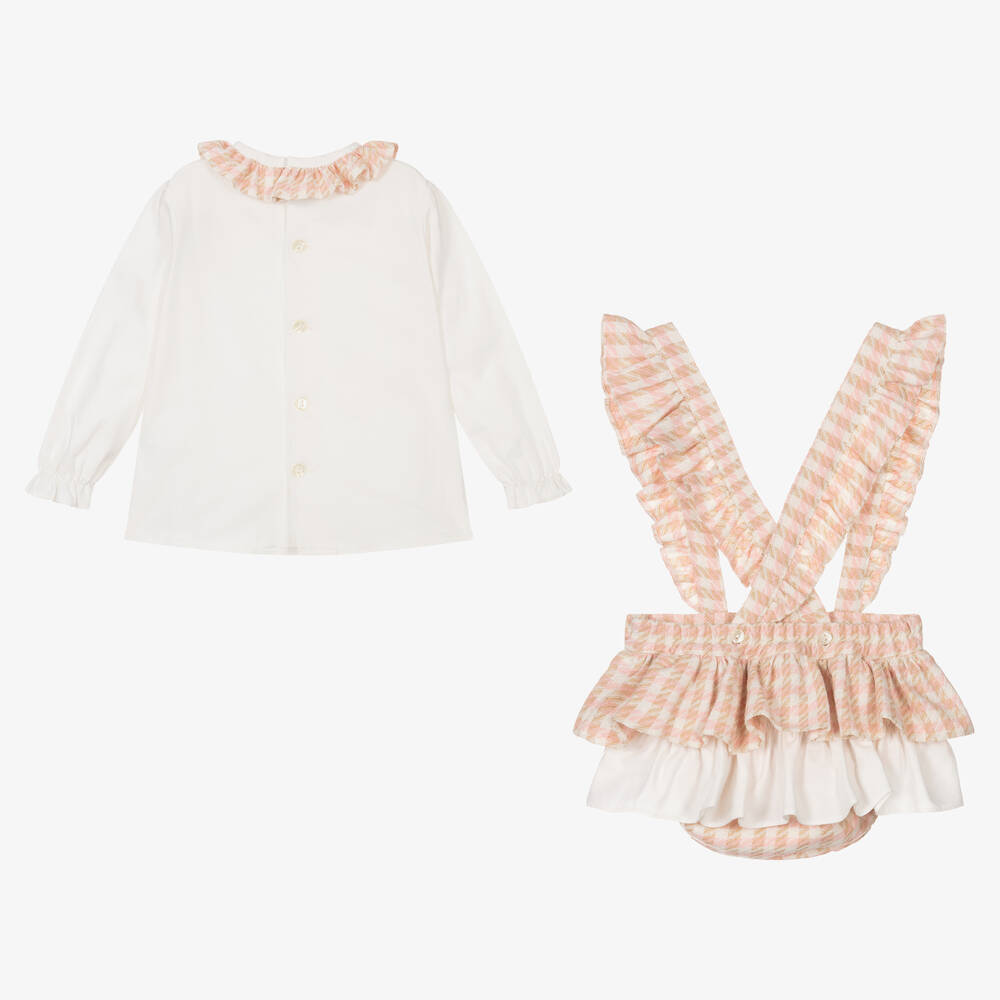 Abuela Tata-Girls Ivory & Pink Check Shorts Set | Childrensalon Outlet