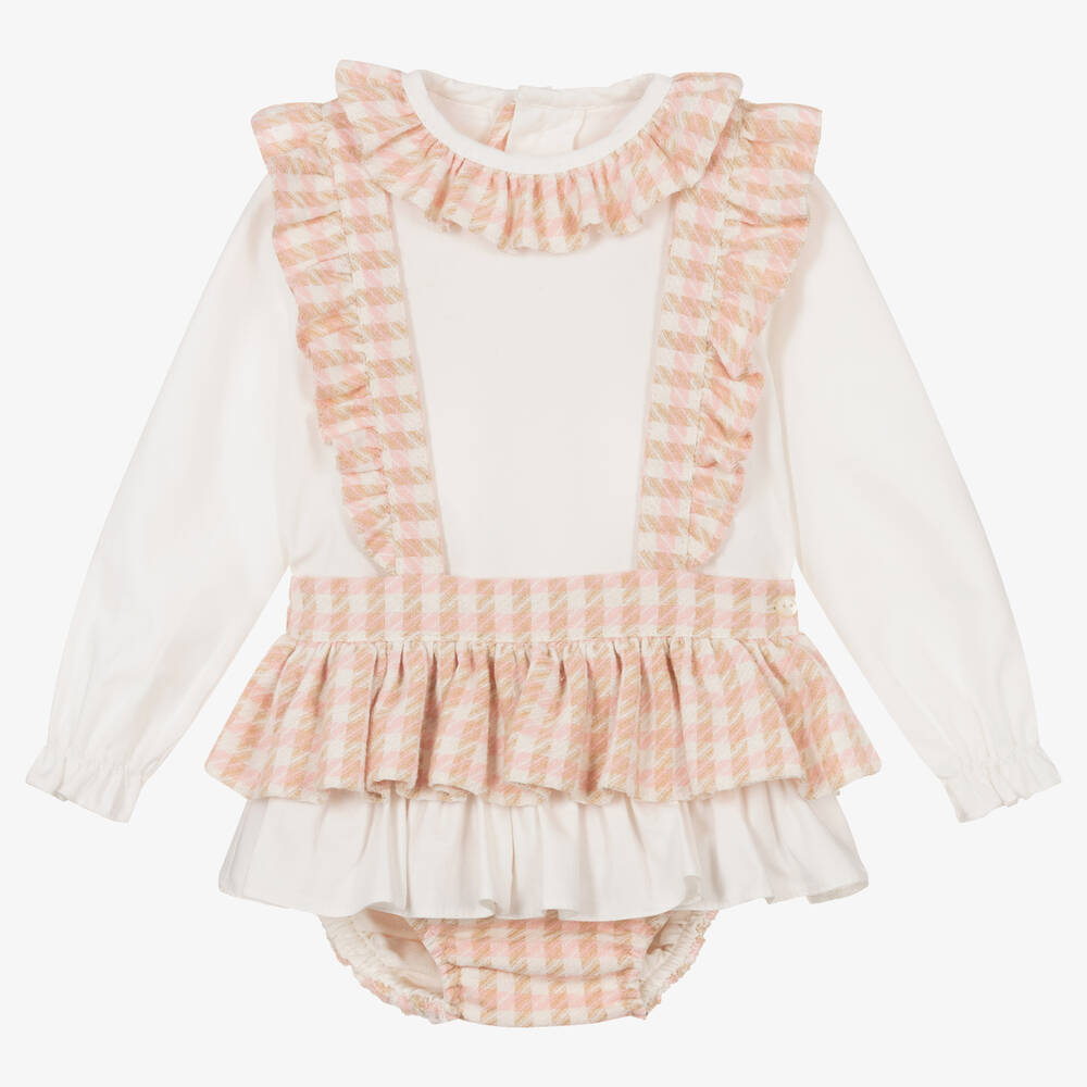 Abuela Tata - Girls Ivory & Pink Check Shorts Set | Childrensalon