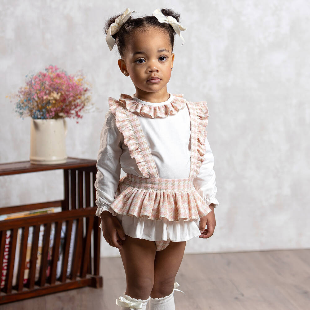 Abuela Tata-Girls Ivory & Pink Check Shorts Set | Childrensalon Outlet
