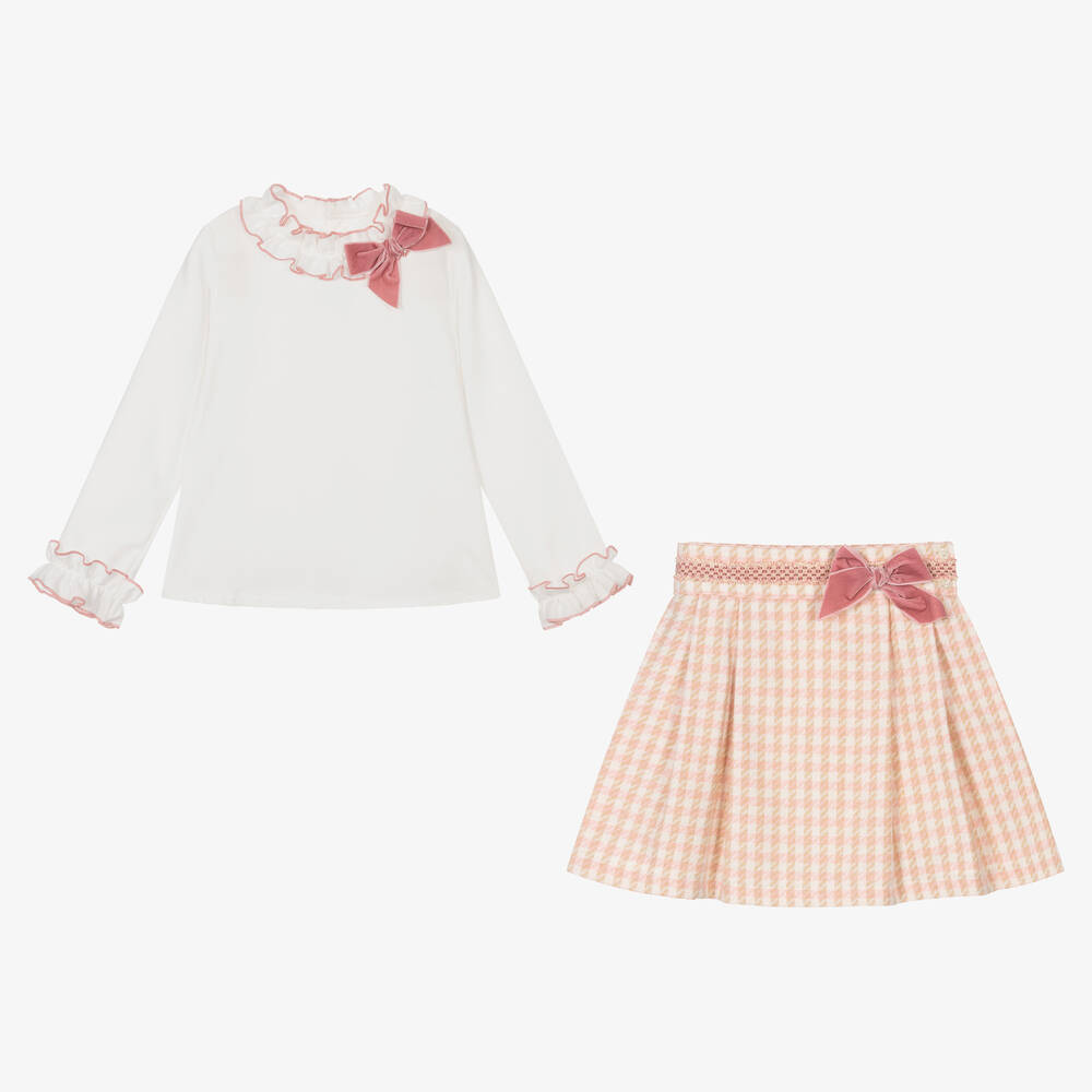 Abuela Tata-Girls Ivory & Pink Check Skirt Set | Childrensalon Outlet