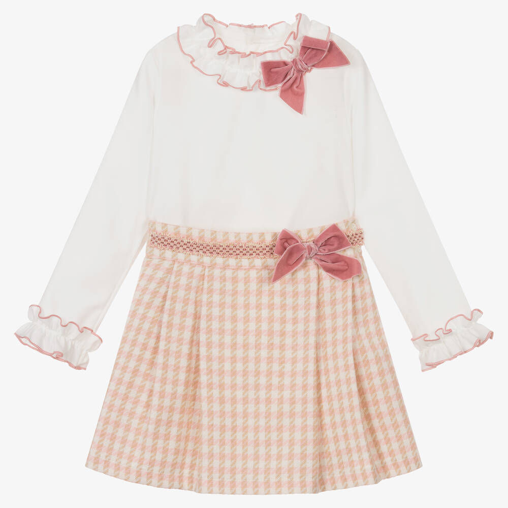 Abuela Tata - Girls Ivory & Pink Check Skirt Set | Childrensalon