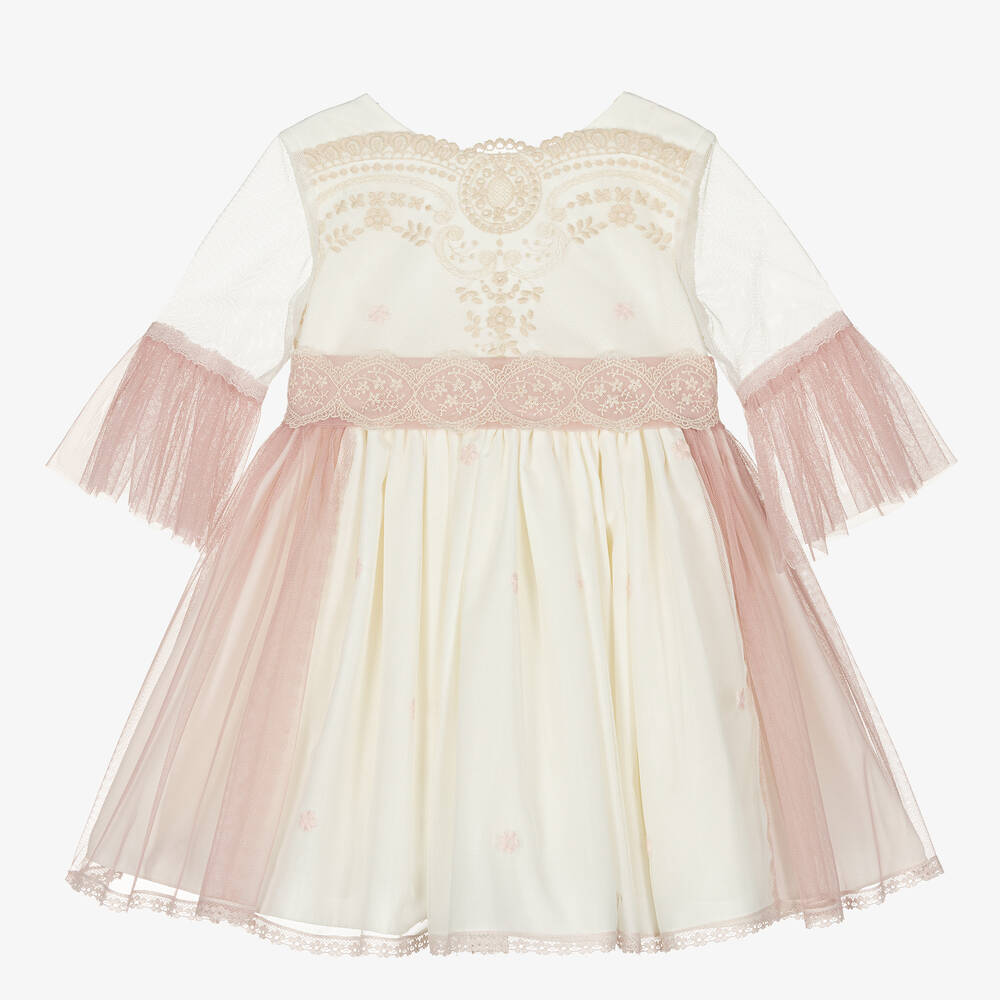 Abuela Tata - Girls Ivory & Pink Embroidered Tulle Dress | Childrensalon