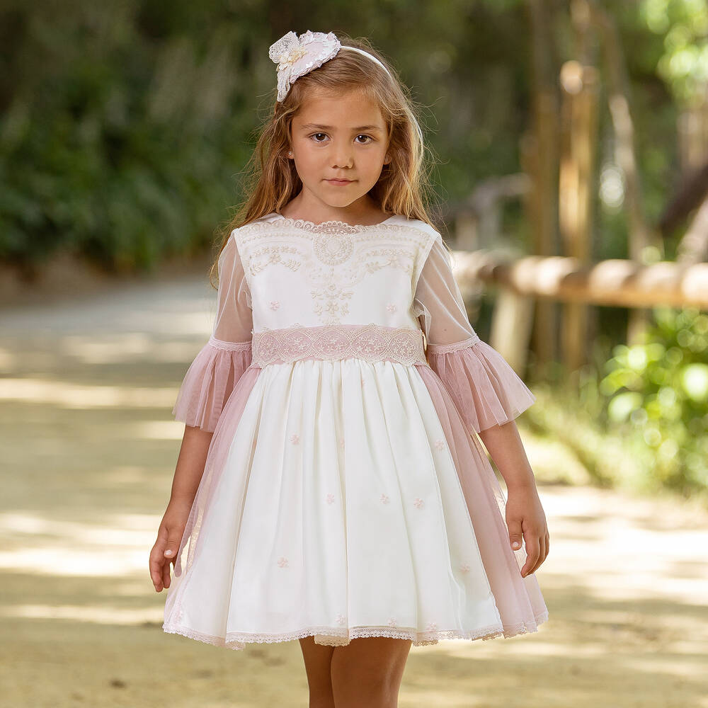 ABUELA TATA Girls Ivory Pink Embroidered Tulle Dress