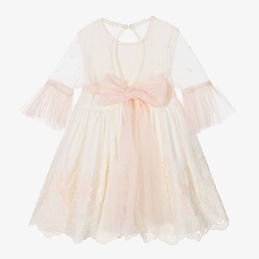 Abuela Tata-Girls Ivory & Pink Embroidered Tulle Dress | Childrensalon Outlet