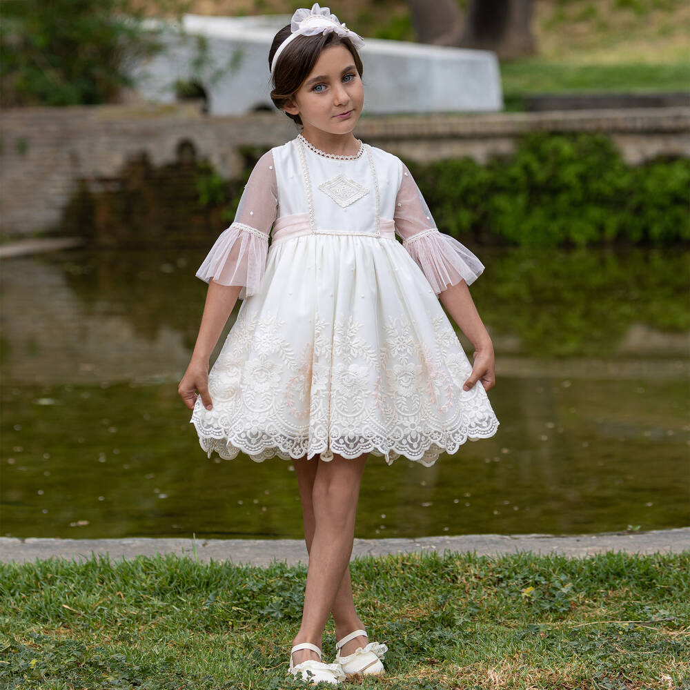 Abuela Tata-Girls Ivory & Pink Embroidered Tulle Dress | Childrensalon Outlet