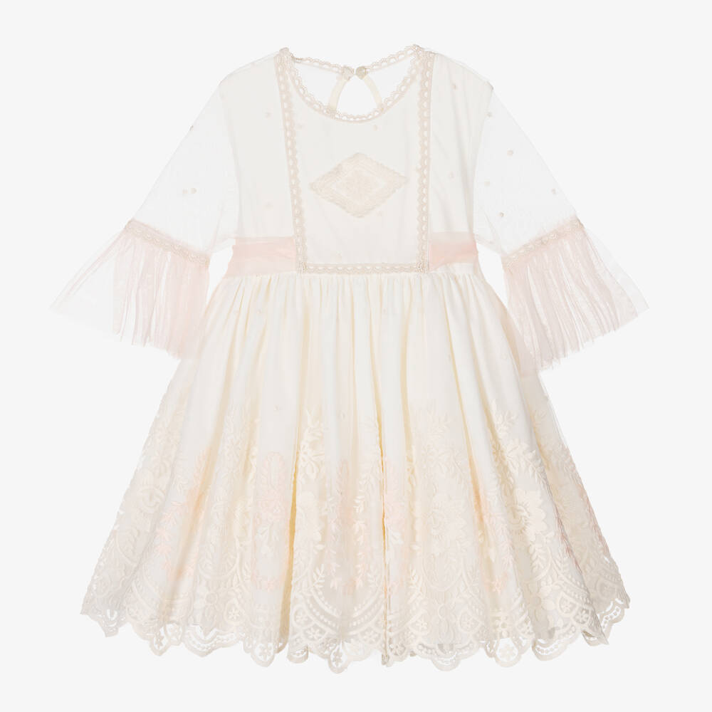 Abuela Tata-Girls Ivory & Pink Embroidered Tulle Dress | Childrensalon Outlet