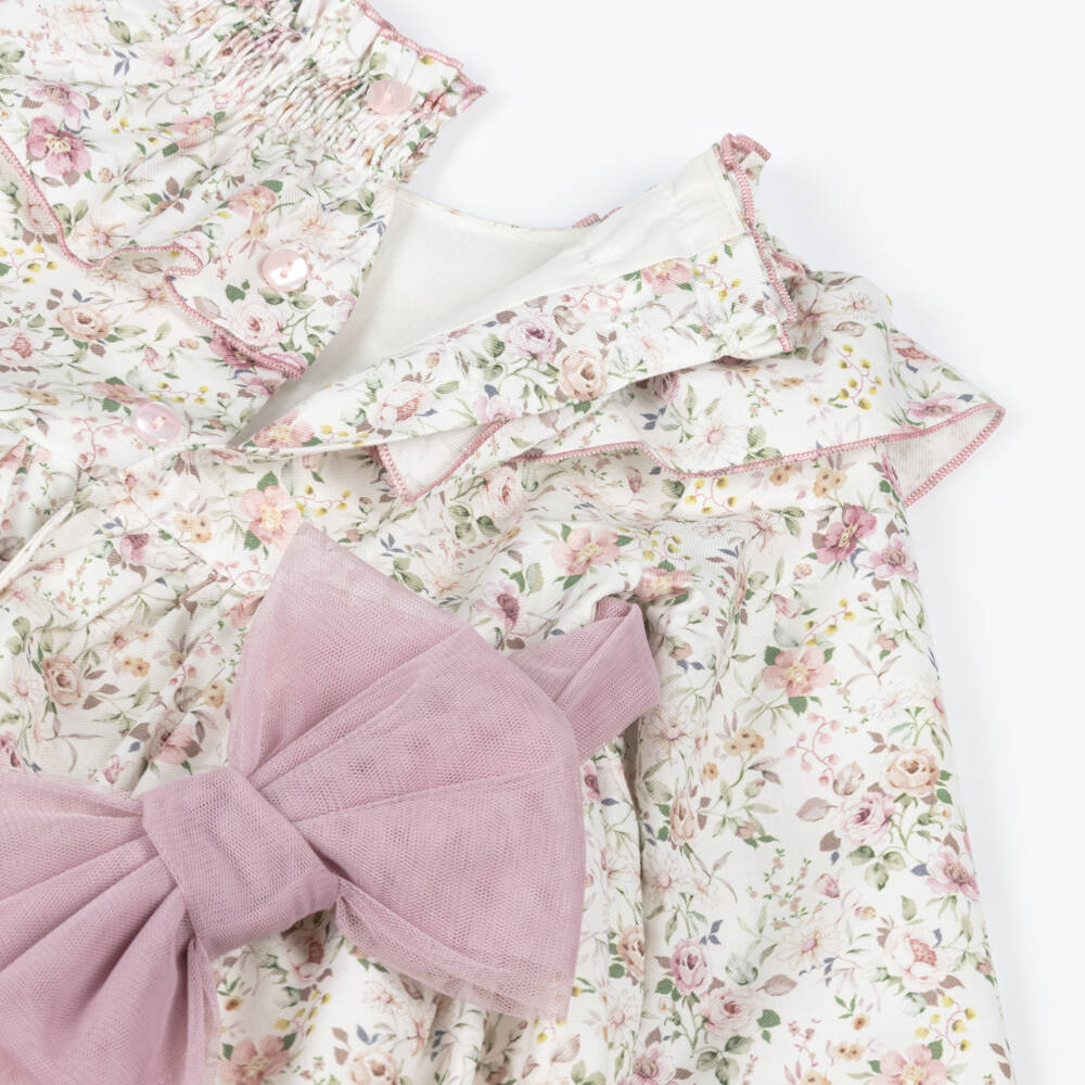 Abuela Tata-Girls Ivory & Pink Floral Cotton Dress with Ruffles | Childrensalon Outlet