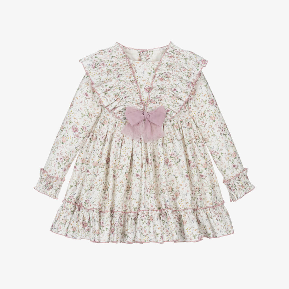Abuela Tata-Girls Ivory & Pink Floral Cotton Dress with Ruffles | Childrensalon Outlet