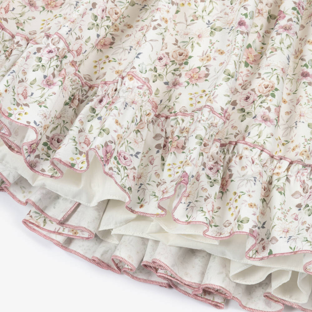 Abuela Tata-Girls Ivory & Pink Floral Cotton Dress with Ruffles | Childrensalon Outlet