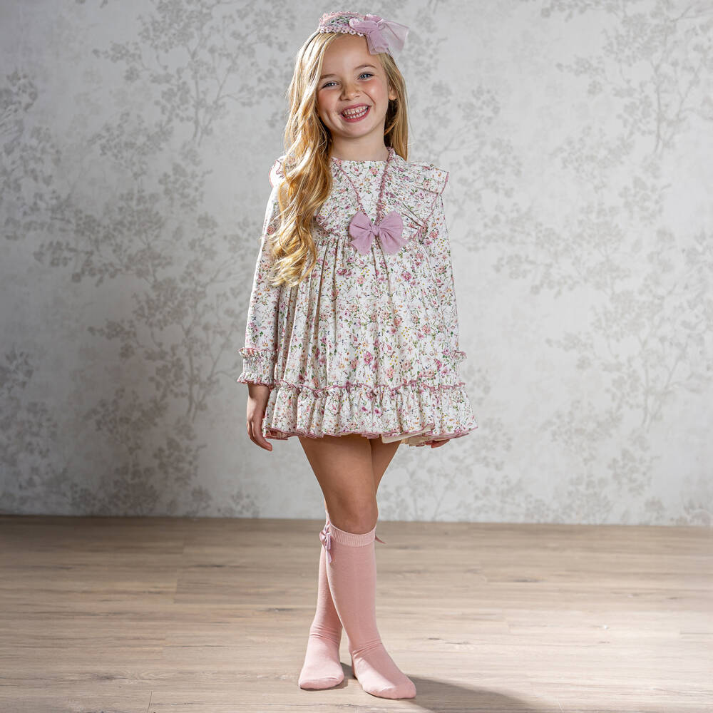 Abuela Tata-Girls Ivory & Pink Floral Cotton Dress with Ruffles | Childrensalon Outlet